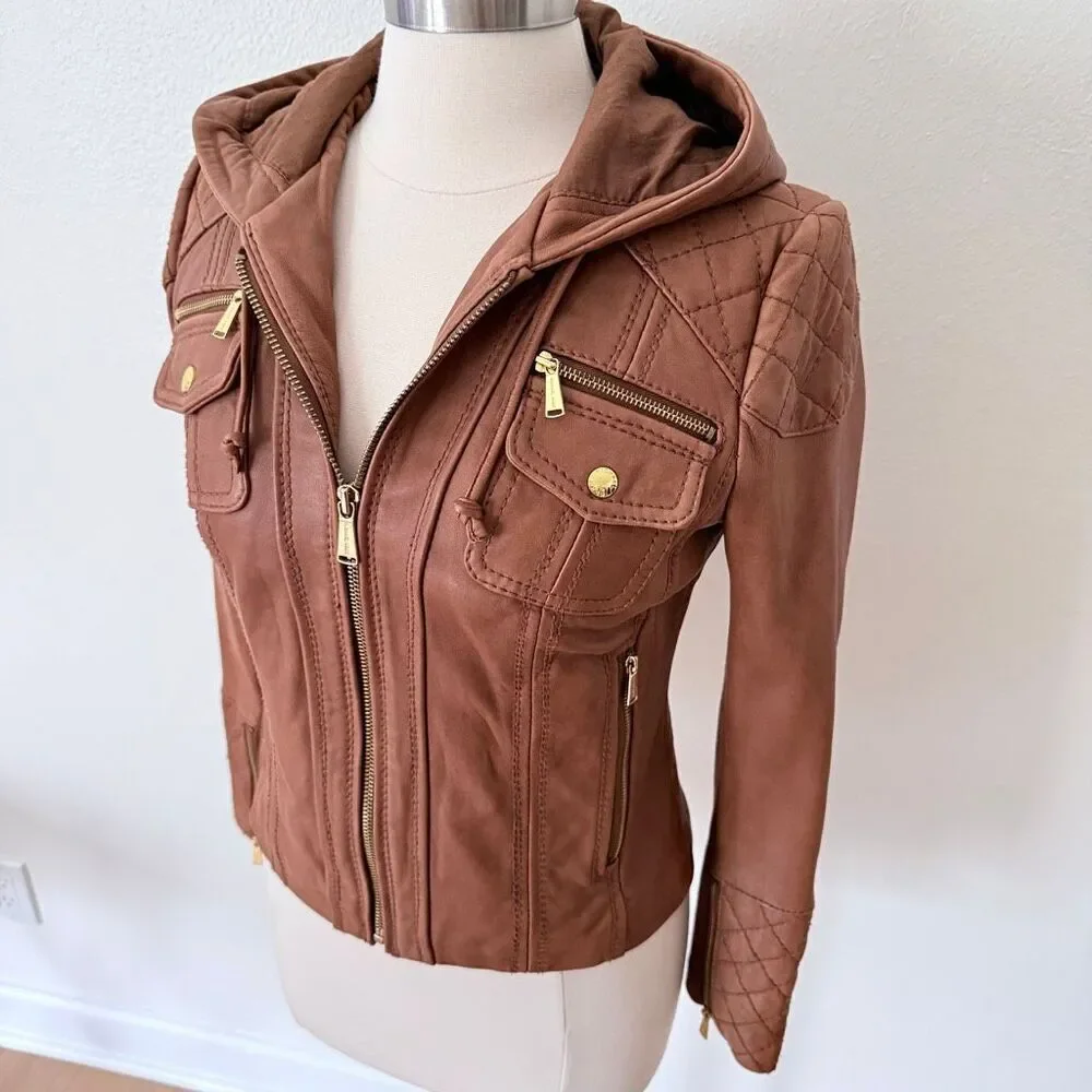 Michael Michael Kors Women's Size Small Quilted Moto Jacket Brown Soft Leather